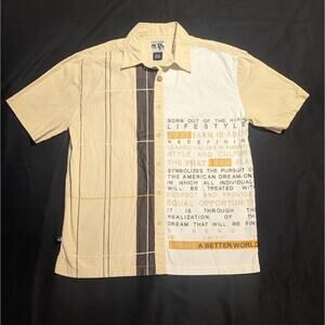 Phat Farm Button up Short Sleeve Tan Shirt with quote Men's Medium Top